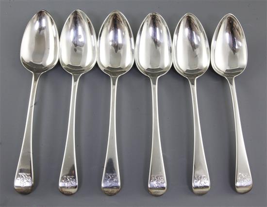 A set of six George III silver Old English pattern table spoons, Length 218 mm, weight 13.2oz/411 grms